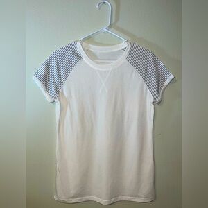 Women's White and Gray Striped Sleeve Crew Neck Short Sleeve Tee! Size Small.